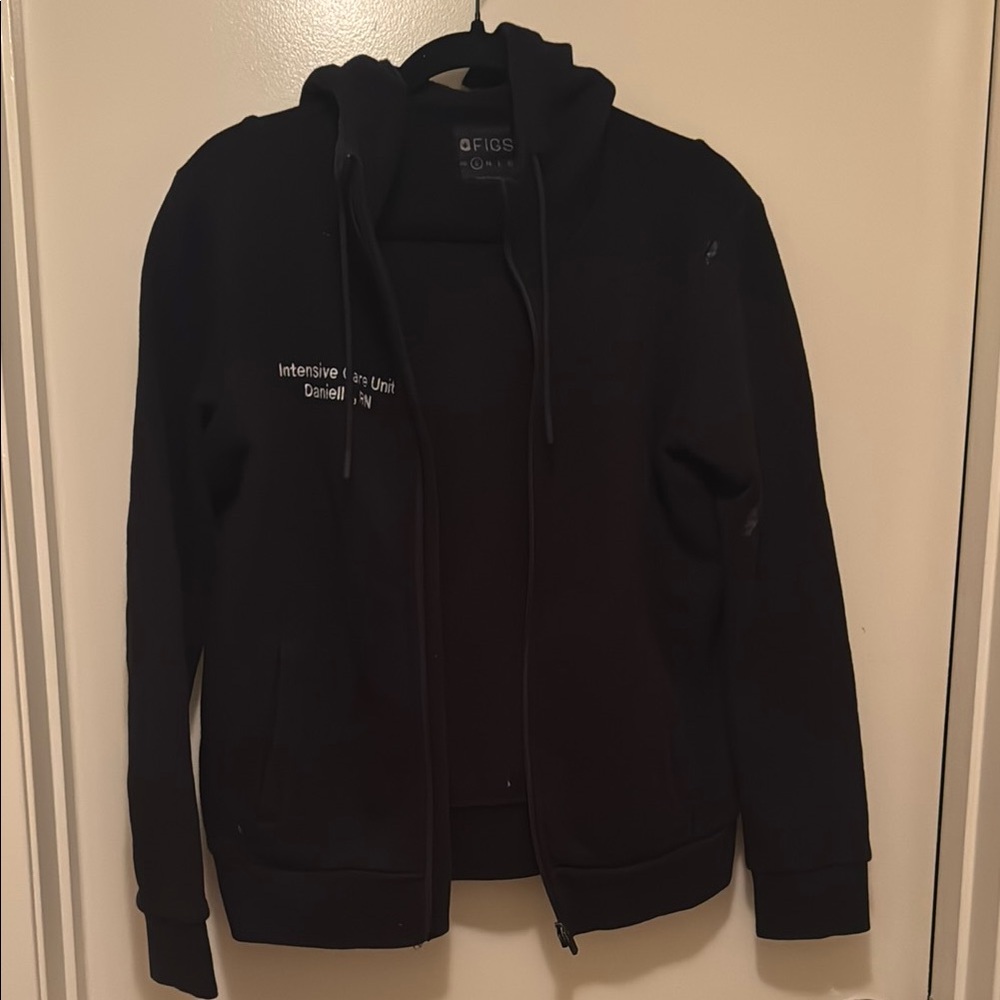 figs full zip sweater with embroidery “ICU” and “danielle”